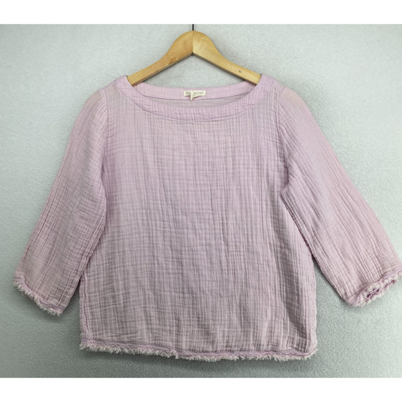Eileen Fisher Tops - EILEEN FISHER Top XS Organic Cotton Crinkle Gauze Fringed 3/4 Sleeve Pink